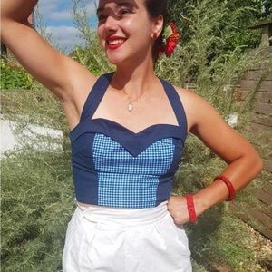 $150 Italian Bustier Small Blue Cup A / B Handcrafted Halter Top Gingham 1950s